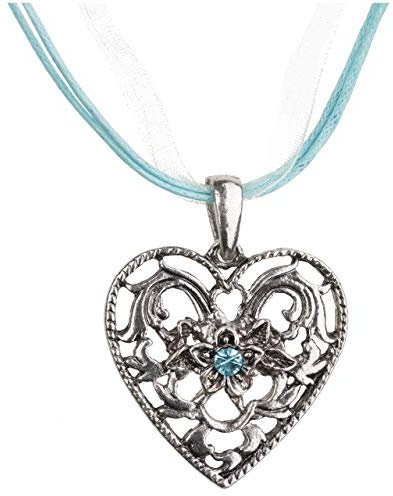 Trachtenkette Herz-Barock mit grossem Herz Strass und Edelweiss - Trachtenschmuck Anhänger Kette für Dirndl, Lederhose und Oktoberfest viele Farben (Türkis)