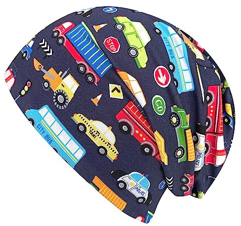 Wollhuhn ÖKO Long-Beanie, Wende-Mütze, ganzjährig, dunkelblau mit bunten Autos, Innenseite Uni grau, fürJungen (aus Öko-Stoffen, Bio) 20160206, Größe M: KU 52/54 (ca 3-7 Jahre)
