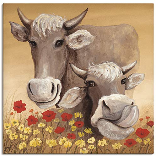 ARTLAND Wanddeko Leinwand Bilder Wandbild 70x70 cm Kuh Tiere Blumen Wiese Shabby Chic Landhaus Malerei Ocker T4IP