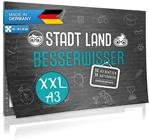 GOODS+GADGETS Stadt, Land, Besserwisser XXL - Spiele-Klassiker Stadt Land Fluss in Neuauflage mit 39 Kategorien und vielen Spezialregeln (Klassiker); in großer DIN A3 Größe