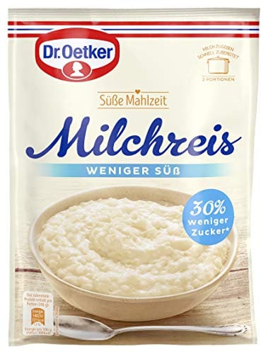 Dr. Oetker Süße Mahlzeit Milchreis weniger süß, 16er Pack (16 x 112 g), Mischung für Milchreis mit 30% weniger Zucker. Eine einfache und schnelle Zwischenmahlzeit