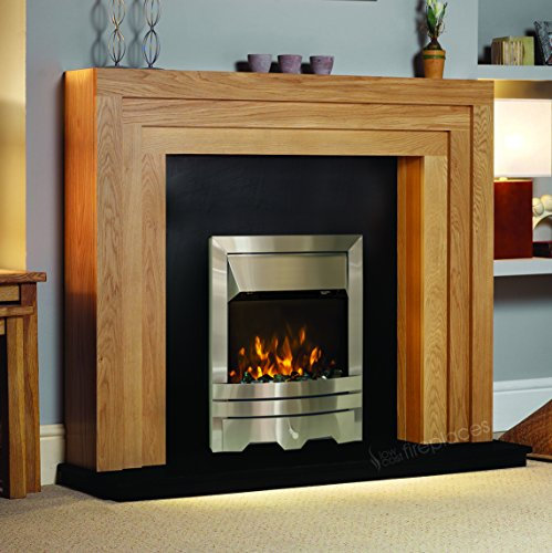 Electric Oak Wood Surround Black Hearth & Back Silver Coal Fire Modern LED Fireplace Suite - 54