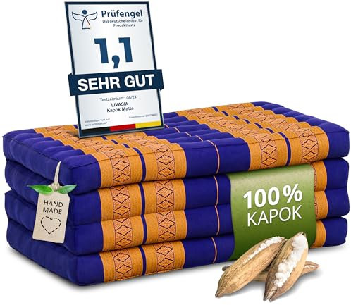 livasia Nachhaltige Klappmatratze aus Kapok - 200x80x8cm - Gästematratze, Faltbare Matratze für Van, ökologische Yogamatte, klappbares Gästebett, Liege für Garten und Balkon (Blau/Gelb)