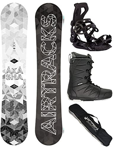 Airtracks Herren Snowboard Set Freestyle Freeride Wide Board Akasha Wide 159 - Snowboard Bindung Master - Softboots Star Black 42 - SB Bag