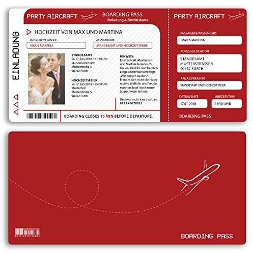 (40 x) Hochzeitseinladungskarten Flugticket Boarding Pass rot Einladungskarten Hochzeit
