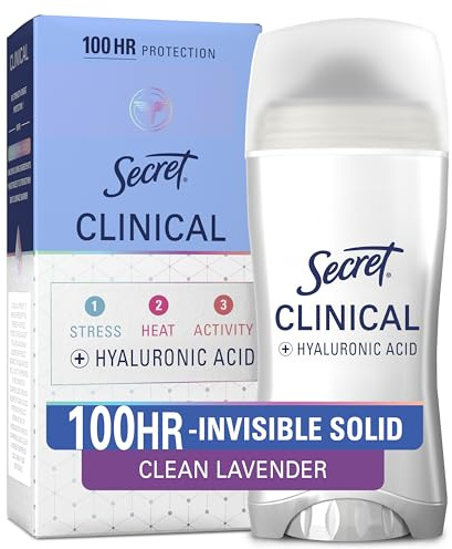 Secret Clinical Strength Antiperspirant Deodorant for Women, 100hr Sweat & Odor Protection, 3X Stress Protection with Hyaluronic Acid, PH Balanced, Invisible Solid, Clean Lavender Scent, 2.6 oz
