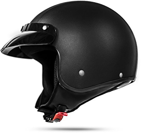 ATO Moto Classic Kunstleder Jethelm in Schwarz matt - extrem leicht - aktuelle Sicherheitsnorm ECE 2205 - Größe: M 57-58cm