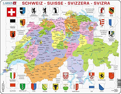 Larsen K43 Schweiz Puzzle – 70 Teile – Lernspiel Geografie ab 6 Jahren – Mehrsprachig DE/FR/IT – Stabiles Rahmenpuzzle für Kinder