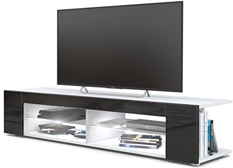 Vladon Lowboard Movie, TV-Kommode mit 4 offenen Fächern und Zierleisten, Weiß matt/Schwarz Hochglanz, inkl. LED Beleuchtung weiß (134 x 29 x 39 cm)