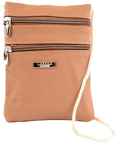 Muzy Tan Genuine Echtleder Reise Travel Security Neck Portemonnaie Geldbeutel Purse Pouch 3 Zip Sections Long Strap