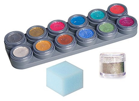 Grimas Pearl Water Make up Theaterschminke Kinderschminke 12 Farben Palette Schwamm Glitzer Set