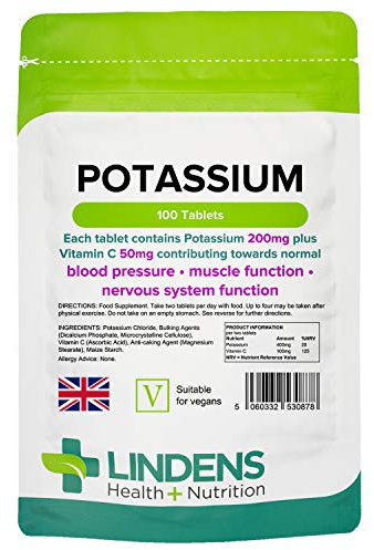Lindens - Potassium 200mg Tablets with 50mg Vitamin C - 100 Tablets - UK Made - Contributes to Normal Blood Pressure, Muscle Function and Nervous System Function - Letterbox Friendly, Vegan