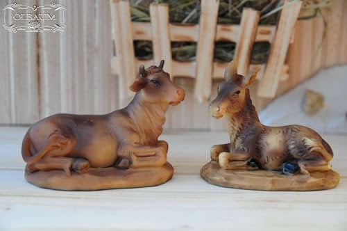 Krippenfiguren - Ochs und Esel - Paar liegend für 13 cm Figuren hochwertige Mimik, niedlich - naturgetreue, hochwertige Deko-Tiere für Krippen und Stall