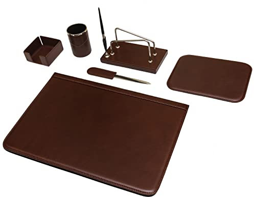 Schreibtischset 6-teilig – 100% vollnarbiges Leder – Handgefertigt in Italien von erfahrenen Handwerkern – Elegant und funktional, ideal für das Büro – Braun
