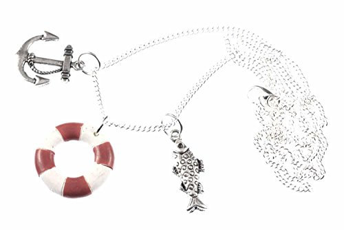 Miniblings 3er Set Maritim Kette Halskette 80cm Anker Rettungsring Fisch rot - Handmade Modeschmuck - Gliederkette versilbert