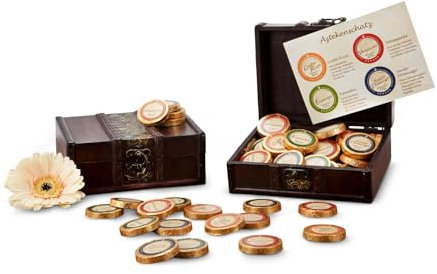 Römer Präsente Geschenkset: Aztekenschatz mit 32 Schokoladentalern als Golddublonen (ca. 256 g) in einer dekorativen Schatzkiste/Schatztruhe; 4 verschiedene Kakaogehälter von 38% bis 71%