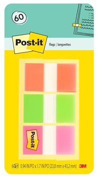 Post-it Flags, 60/On-the-Go Dispenser, 1 Dispenser/Pack, 1 in Wide, Orange, Lime, Pink (680-OLP)
