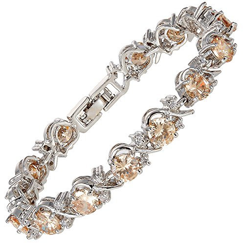 RIVA Blume Tennis Armband [18cm/7inch] mit Rundschliff Edelstein Zirkonia CZ [Champagner] in 18K WeiÃŸgold Vergoldet, Einfache Moderne Eleganz