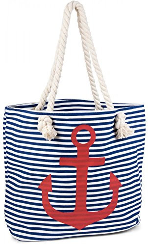 styleBREAKER gestreifte Strandtasche mit Anker Print | maritimer Shopper mit Kordelgriffen | Badetasche groß 46 x 34 x 12 cm, Farbe:Blau-Weiß/Rot