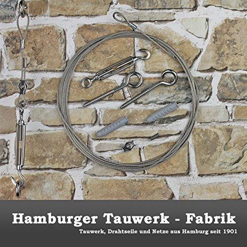 HAMBURGER TAUWERK-FABRIK EST. 1901 Rankhilfe/Ranksystem ''S'' aus Edelstahl - Wandabstand 35mm (Set 3) mit 6 Wandhaltern und 10m Drahtseil