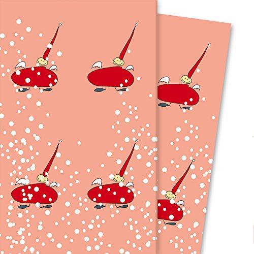 Schönes Weihnachtspapier/Weihnachts Geschenkpapier mit Wichtel im Schnee, rosa (4 Bögen, 32 x 48 cm) Dekorpapier, Papier zum Einpacken, für tolle Geschenk Verpackung und Überraschungen