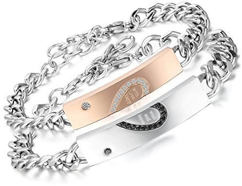 Aroncent Lieben Freundschaftsarmband Partnerarmband Armreif - 2PCS Silber Herren Damen Armband mit Wish Love and Happiness Herz Zirkonia Diamant Edelstahl