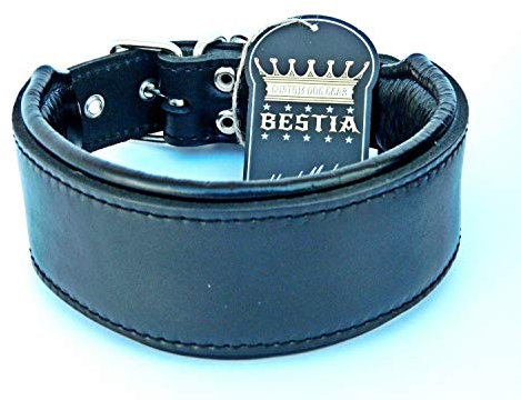 Bestia Echtleder Hundehalsband mit weicher Leder Innenpolsterung. 6,5 cm breit. Passfit. 100% Echtleder. komplett schwarz. Größen M, L, XL, XXL