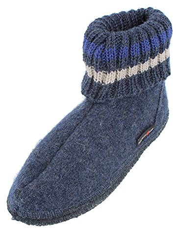 HAFLINGER Hüttenschuh Paul mit Kragen aus reiner Schurwolle Blau (Jeans 72), EU Gr. 47