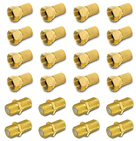 ARLI 16x F-Stecker 7 – 7,4 mm + 8x F-Verbinder vergoldet – Stecker Verbinder Set für Koaxialkabel Sat TV Antenne mit breiter Mutter & Dichtring