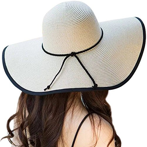 Lanzom Chapeau de paille pliable à large bord pour femme 14 cm UPF 50+ - - Taille unique