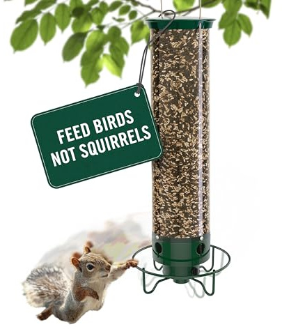 Droll Yankees Squirrel Proof Bird Feeder for Outdoors – Rechargeable Weight-Activated Rotating Perch, 5lb Seed Capacity, Metal Base, UV-Stabilized Seed Tube, Hanging Green Yankee Flipper, YF-M