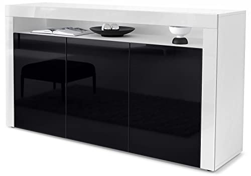 Vladon Sideboard Valencia, Made in Germany, Kommode mit 3 Türen und 1 offenem Fach, Weiß matt/Schwarz Hochglanz/Weiß Hochglanz (155 x 92 x 40 cm)