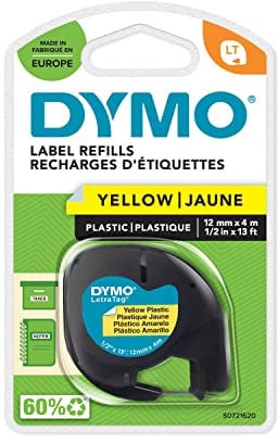 DYMO Original LetraTag Etikettenband | schwarz auf gelb | 12 mm x 4 m | selbstklebendes Kunststoffetiketten | für LetraTag-Beschriftungsgerät