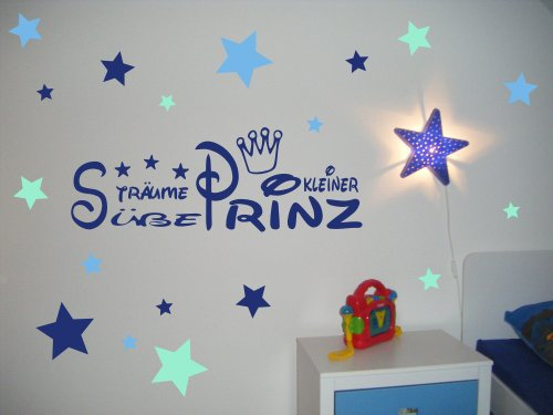 Wandtattoo Kinderzimmer, Kind, Baby ~ Text: Süße Träume kleiner Prinz + Krone und Sterne Tricolore blau - für Jungen, Buben ~ 61059-57x20 cm Wandaufkleber Wandtatoos Sticker Aufkleber für die Wand, Fensterbild, Tapetensticker, Türaufkleber