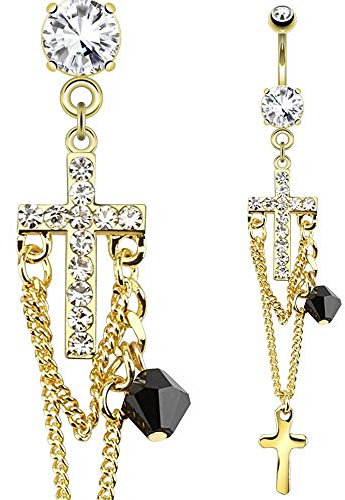 Bauchnabelpiercing - Kreuz an Ketten Anhänger Gold klar Strass Zirkonia Kristall Gold 10 mm