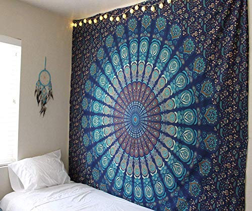 RAJRANG BRINGING RAJASTHAN TO YOU Pfauenmandala Tapisserie im Hippie-Stil Wandbehang Dekorative Wandteppiche Boho Baumwolle Bettüberwurf 213 x 137 cm Blau