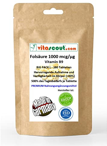 Folsäure 1000 mcg, 180 Vegane Tabletten, Vitamin B9, 500% des Tagesbedarfs, Ohne Magnesiumstearat, Hochdosiert für Zellteilung und Blutbildung**