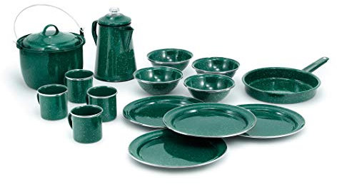 GSI Outdoors Camp Geschirr-Set I 4-Personen-Set inkl. Pioneer Emaille-Perkolator, Bratpfanne, Wasserkocher, Schüsseln, Teller & Kaffeebecher