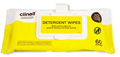 Clinell Detergent Wipes - Alcohol and Disinfectant Free Multi-Surface Wipes - Strong & Durable Wipes, Low Smear - Clip Pack of 60 Wipes