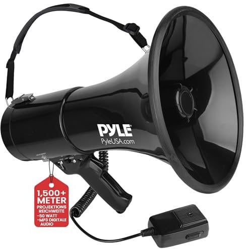 Pyle Megaphon mit Sirene, Signalhorn – Siren Megaphone – Signalhorn, Megafon Erwachsene 50 Watt, Faltbare Megaphone mit Sirene & Mikrofon, Lautstärke Einstellbar & Batteriebetrieben, Reichweite: 1100m