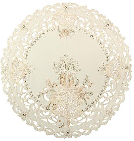 Bezaubernder Weihnachten Mitteldecke/Tischläufer Creme-Weiß mit Gold Kerzen Glocken Stickerei - Größe wählbar (ca. 60 cm Rund)