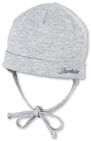 Sterntaler OCS Beanie mit Umschlag – Mütze aus Melange-Singlejersey (Bio) mit Ohrenklappen, Bindeband & Stickmotiv – Unisex Baby Übergangsmütze – grau melange, Gr. 45