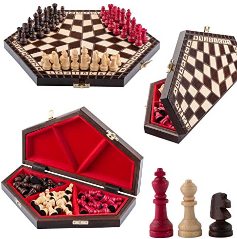Handarbeit 3 Personen Schach | Master of Chess | Medium Chess Board 33x28 cm | Schachbrett für Kinder und für Erwachsene - Engelhart Hochwertiges Massivholz Schachspiel