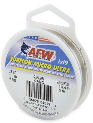 American Fishing Wire Surflon Micro Ultra, Nylon Coated 1x19 Stainless Steel Leader Wire, 11 lb Test, .012 Diameter, Camo, 5 m