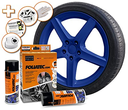 Foliatec Sprühfolie Auto Felgenfolie Sprüh Lack Set für 4 Felgen, Abziehbar, Gute Deckkraft, blau glänzend, 2X 400ml