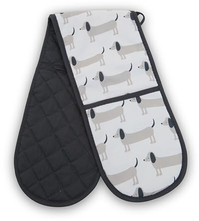 Premier Housewares Black Cat Double Oven Glove Black and White Print, 100% Cotton, Quilted, Heat Insulated Double Oven Glove 83 x 18 x 2