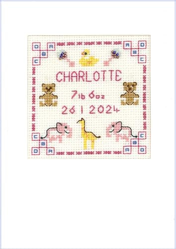 Lifetime Samplers & Decorative Textiles Pink New Baby Card - Complete Cross Stitch kit on 16 aida with Clear Colour Chart