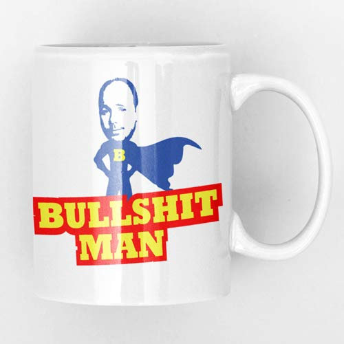 Bull Shit Man Yellow Blue and red Cape - Karl Pilkington New Quick and Easy Funny Office Style Ceramic Tea and Coffee Mug