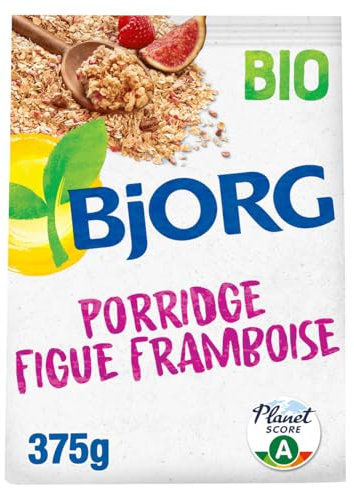 BJORG - Porridge Bio Figue Framboise - Aux Céréales Complètes - Sans Sucres Ajoutés - Pour Le Petit Déjeuner - 375 g