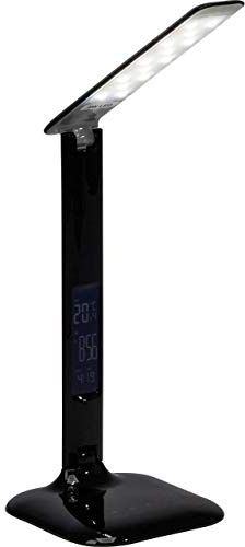 schwarze LED Schreibtischlampe mit Datumsanzeige & Weckfunktion/Thermometer - Tischleuchte mit Touchdimmer - CCT - inkl. USB - 55 cm Höhe - 6,5 W - 320 lm - 2800-6500 K - aus Kunststoff/Metall